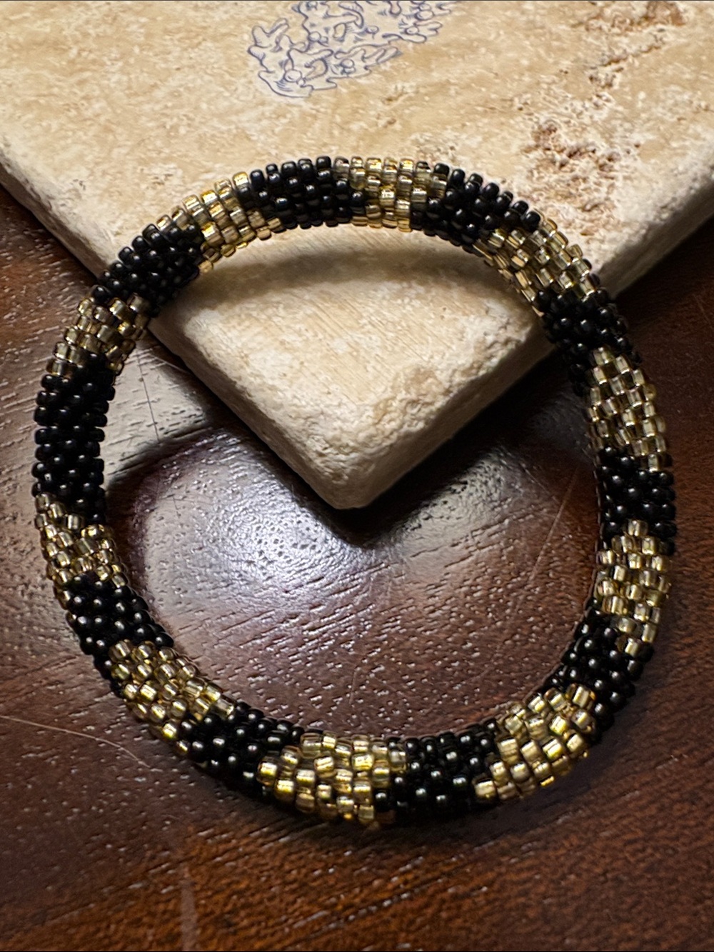 Handcrafted Black and Gold Seed Bead Bracelet